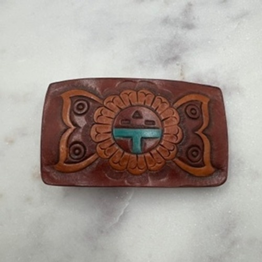 Hand Tooled‎ Leather Belt Buckle Brown Turquoise Southwestern Floral Butterfly